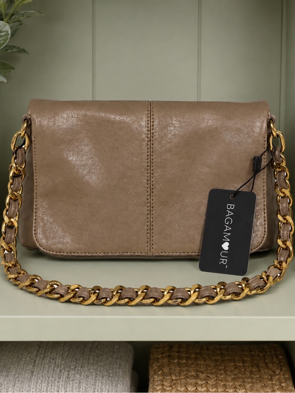 BAGAMOUR Taupe Vegan Leather Chain Strap Crossbody Shoulder Bag NWT